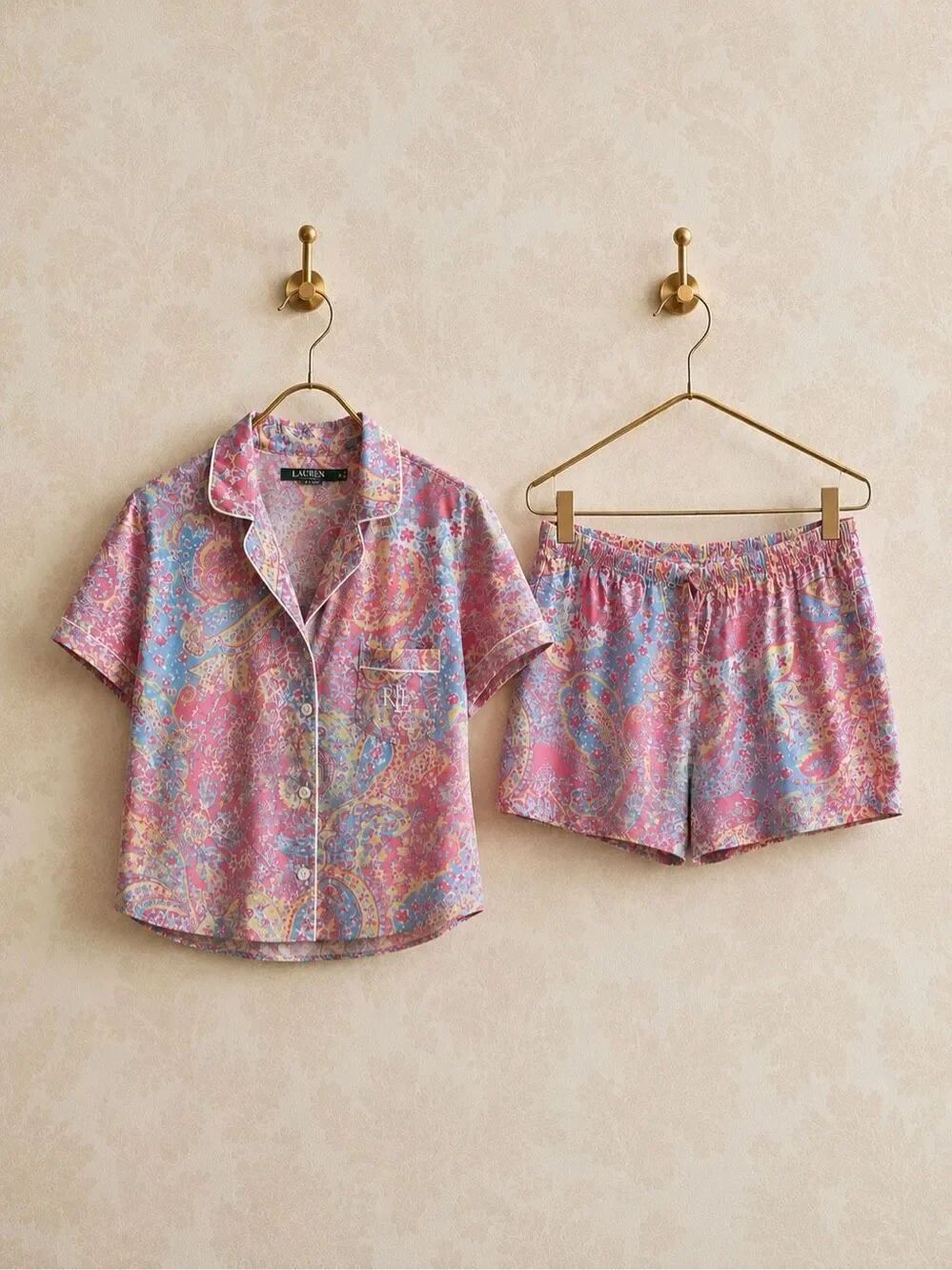 Lauren Ralph Lauren Paisley Cotton Pajama Set Pink Blue Button Front Sleepwear,